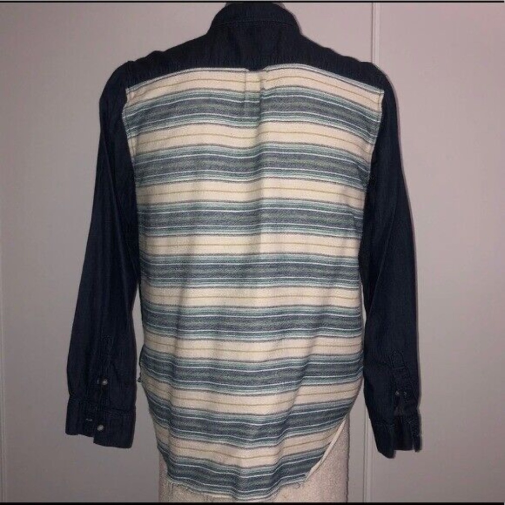 NEW Mens $200 NSF Denim Chambray Shirt w/ Mexican Blanket Back Raw Hem